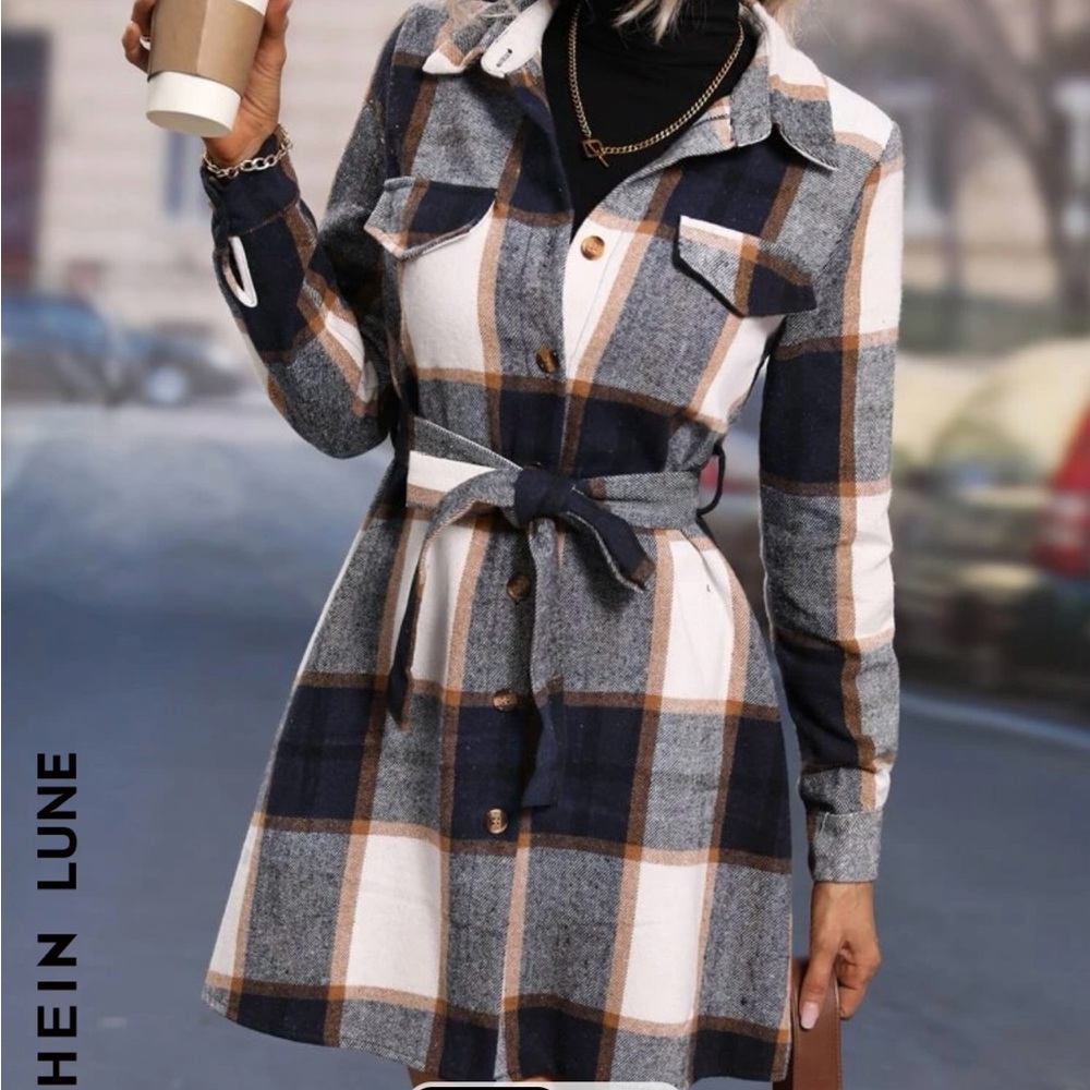 SHEIN flannel shirt dress, size L.